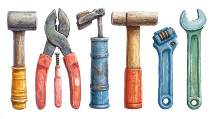 Watercolor depiction of tools lined up a hammer, pliers, wrench, and other instruments