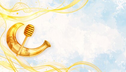 Rosh Hashanah. Artistic depiction of a shofar, honey dipper, and flowing golden lines against a watercolor background.