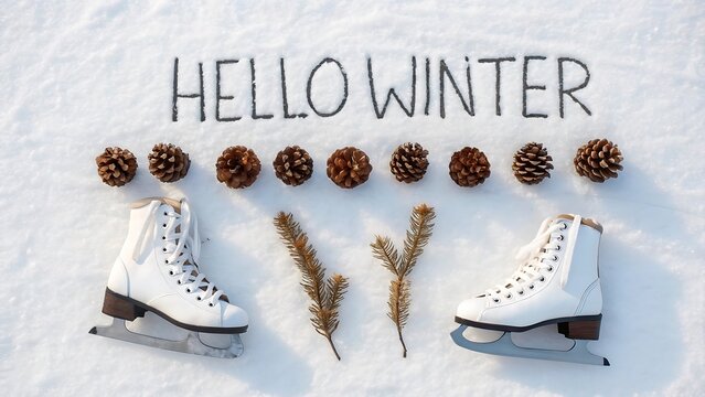 Hello winter ice skates and pine cones on snowy ground - Powered by Adobe