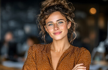 Successful hispanic businesswoman portrait. Young female worker in office with arms crossed smiles looking at camera. She wears glasses, brown dotted blouse. Leader, expert, consultant concept.