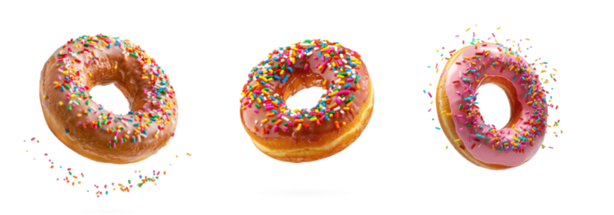 Three donuts with pink icing and colorful sprinkles on a transparent background
