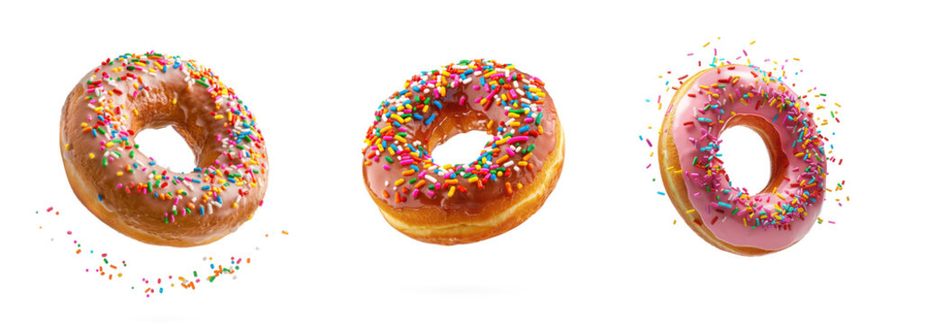 Three donuts with pink icing and colorful sprinkles on a transparent background