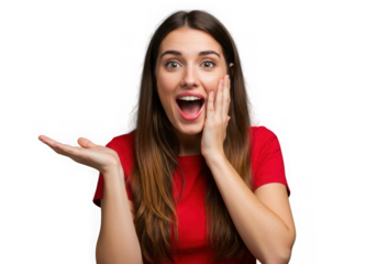 Woman in red shirt with surprised expression on a dark backdrop on transparent background