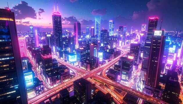 High-angle view of a futuristic city at twilight. Neon lights illuminate skyscrapers and busy intersections