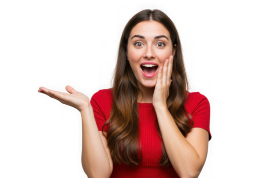 Surprised woman in red shirt presenting with open palm hand on transparent background - Powered by Adobe