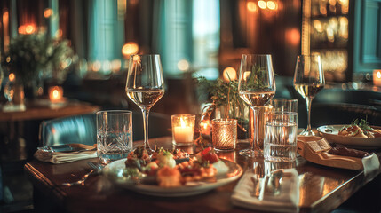 Fototapeta premium Elegant table setting with wine glasses and appetizers in a dimly lit sophisticated restaurant ambiance