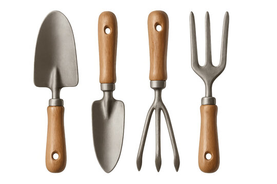 Gardening tools set including trowel, hand rake, transplanter and cultivator isolated on transparent background, perfect for hobby and agriculture