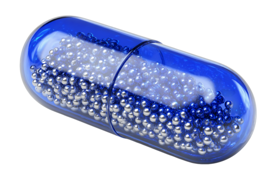Isolated Translucent Dark Blue Capsule with Shiny Silver Spheres on Transparent Background, PNG