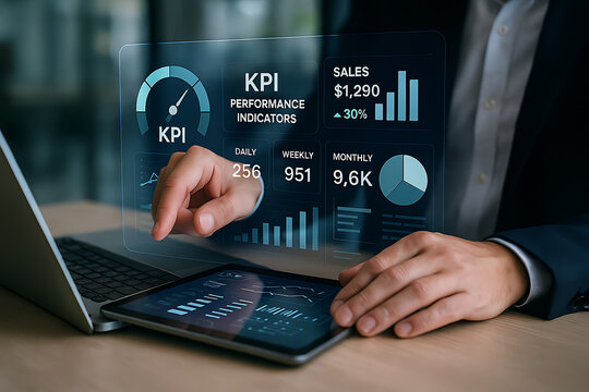 Business performance kpi metrics visualized on smart dashboard with charts showing sales growth and indicators for productivity tracking and digital success analysis