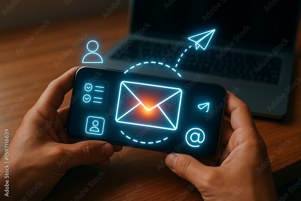 Poster email icon glowing on mobile screen with digital contact profile and message delivery symbols repres