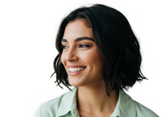 Portrait of a smiling woman with dark hair looking sideways on transparent background