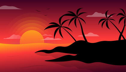 Tropical Sunset Paradise An illustration of Palm Trees Silhouetted Against a Vibrant Sunset Landscape 