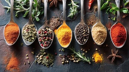 Variety of Spices and Herbs Arranged in Spoons, Colorful Seasoning Display for Culinary Menu and Food Design Background