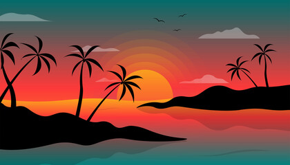 Tropical Sunset Paradise An illustration of Palm Trees Silhouetted Against a Vibrant Sunset Landscape 