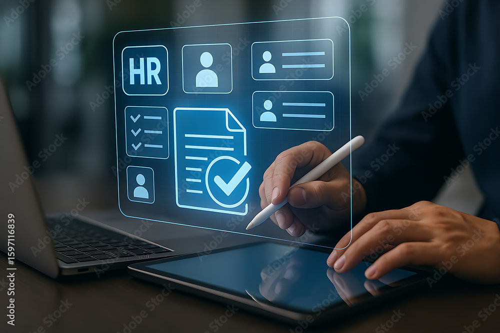 Poster futuristic hr platform on tablet with applicant checklist and staff records dashboard used by manage