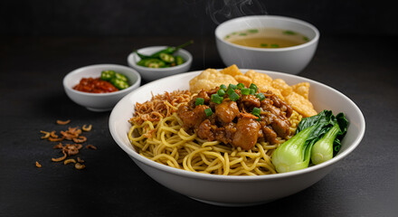 Close-up of a bowl of flavorful chicken noodles, perfect for showcasing Asian cuisine.
