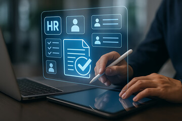 Futuristic hr platform on tablet with applicant checklist and staff records dashboard used by management for human resource planning and digital profile assessment