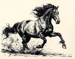 Antique Ink Drawing of Galloping Horse in Etching Style