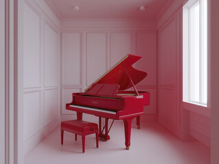 Vibrant red piano stands elegantly in pristine white room, creating striking contrast and projecting sense of stylish musicality