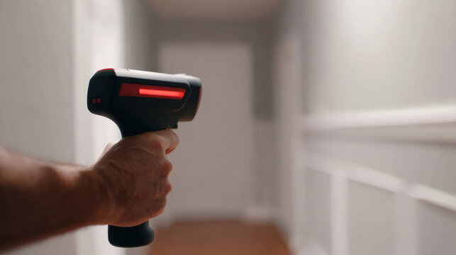 Hand holding black and red battery powered barcode scanner in home environment providing backup for inventory tasks with ease and comfort