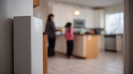 Home battery backup system installed on wall with blurred family in kitchen background for safety and power security