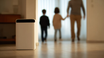 Home battery backup device on floor with family walking in background warm light