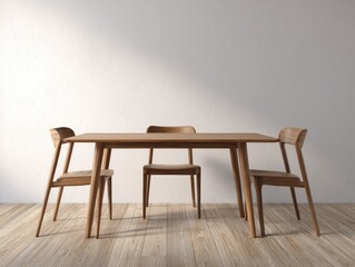 A minimalist dining set, featuring a rectangular wooden table and four matching chairs, sits against a plain white wall. Sunlight streams in, casting a gentle glow