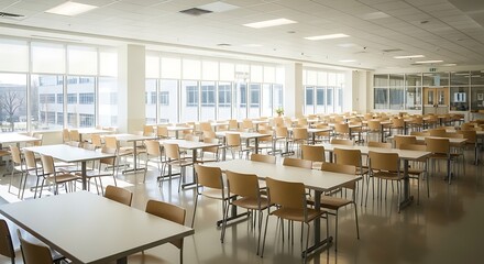 Brightly lit, empty cafeteria or dining hall with rows of tables and chairs, large windows, and a clean, minimalist design.