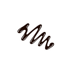 A minimalist image of dark chocolate sauce drizzled in a winding, abstract pattern on a white background.