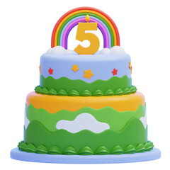 PNG 3D Colorful Two-Tier Birthday Cake with Number 5 Candle and Rainbow Decoration Icon Isolated on a White Background