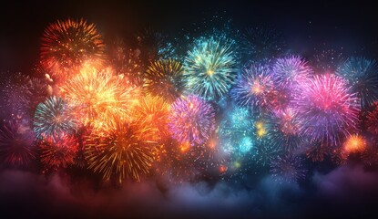 Fototapeta premium A vibrant nighttime display of colorful fireworks exploding against a dark sky, with a smoky, low-lying cloud effect at the bottom
