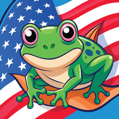 Fototapeta premium Green frog on american flag amphibian cartoon