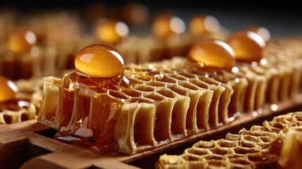 A close-up of a honeycomb frame filled with golden honey and neatly arranged beeswax cells