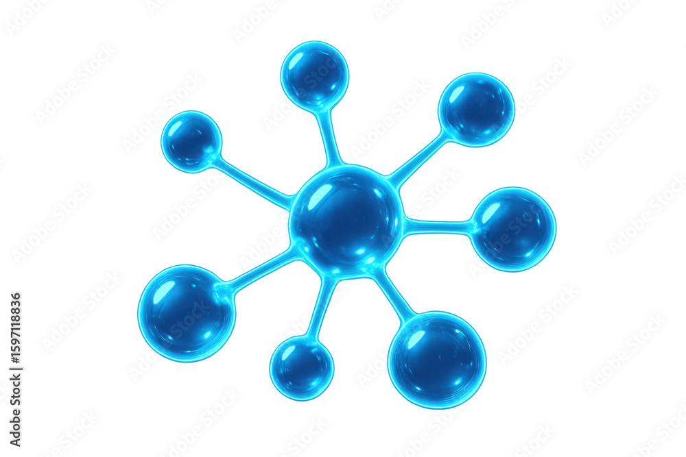 Poster glowing blue molecule structure rotating on a transparent background, perfect for science and techno