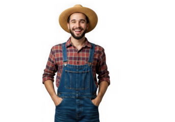 Man smiling wearing overalls and straw hat against dark space on transparent background