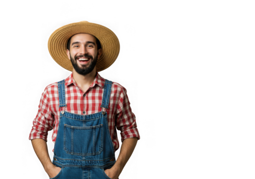 Portrait of a smiling man wearing overalls and a straw hat on transparent background