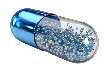 Medical Capsule with Blue Transparent Shell and Metallic Spheres Inside on Transparent Background, PNG
