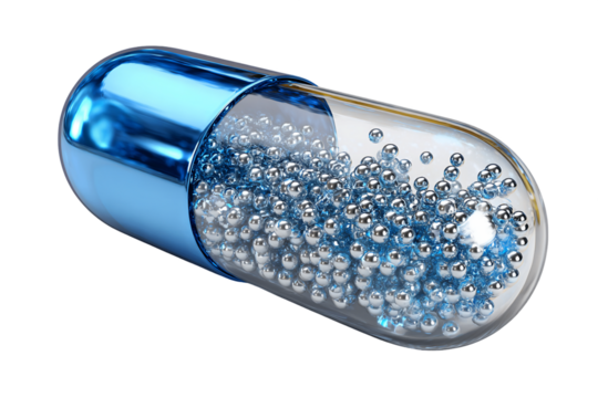 Medical Capsule with Blue Transparent Shell and Metallic Spheres Inside on Transparent Background, PNG
