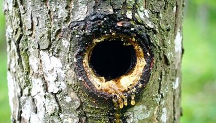 Tree trunk with a large hole and sap