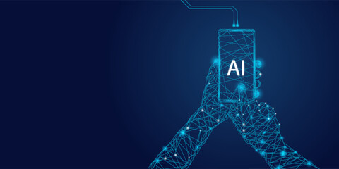 AI innovation concept.  Abstract digital background. Index human finger presses on a light blue AI chip or processor.  Artificial Intelligence concept. 3D low poly wireframe vector illustration.