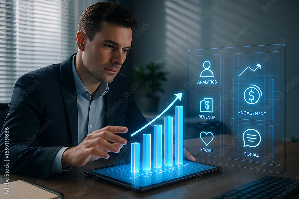 Aufkleber man analyzing digital business chart with tablet showing analytics dashboard, revenue report, engage