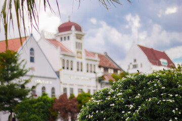 Scenic view of Jakarta’s Old Town in the morning, showcasing historic Dutch colonial buildings,...