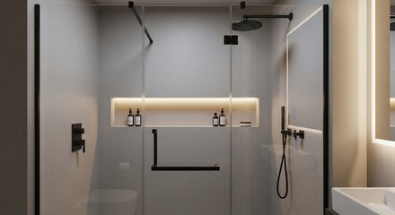 Modern bathroom interior design showcasing a glass shower enclosure with sleek black fixtures and minimalist aesthetic.