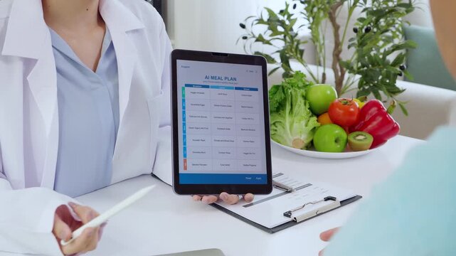 Asian nutritionist using tablet to explaining personalized meal plan with AI to patient during healthcare consultation, healthy lifestyle, woman dietitian showing nutrition plan with AI on tablet.