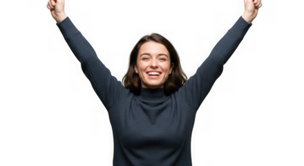 Woman smiling with arms raised on a solid color background on transparent background