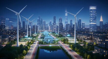 Obraz premium Futuristic Sustainable City with Wind Turbines for World Habitat Day