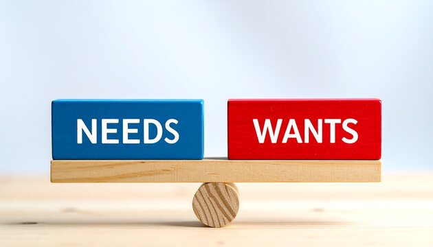 Wooden blocks on a seesaw labeled Needs and Wants