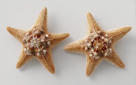 Two tan starfish on a white background, viewed from above (1)