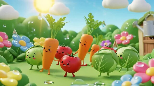 Happy Veggie Garden:  A Delightful 3D Render of Joyful Vegetables Dancing in the Rain
