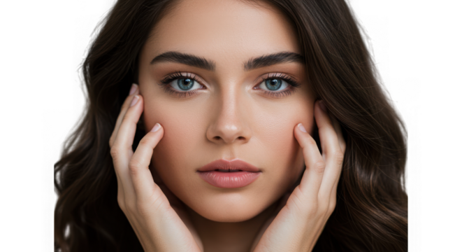 Close up portrait of a woman with hands on her face cheeks on transparent background